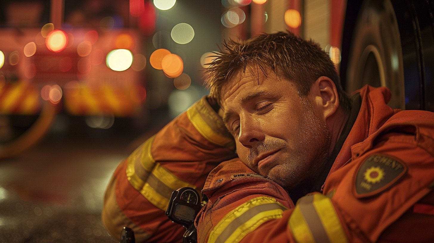 Free Exhausted Firefighter Rests Image - Firefighter, Tired, Emergency ...