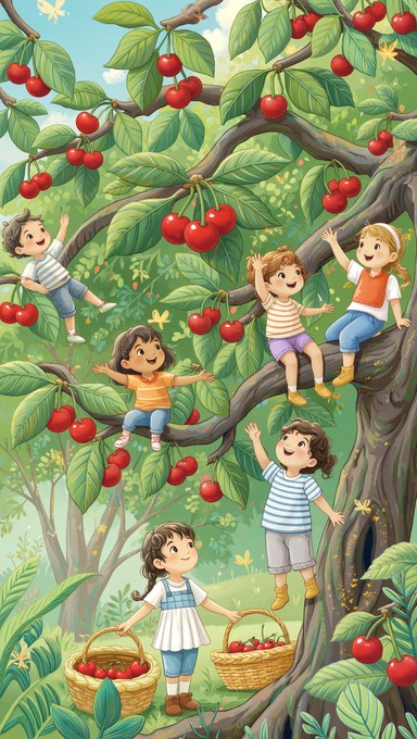 Free Cherry Picking Joy Image - Children, Cherries, Illustration ...