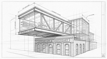 Photo Lab Drawing Pencil architectural illustration of a glass research wing hanging over ...