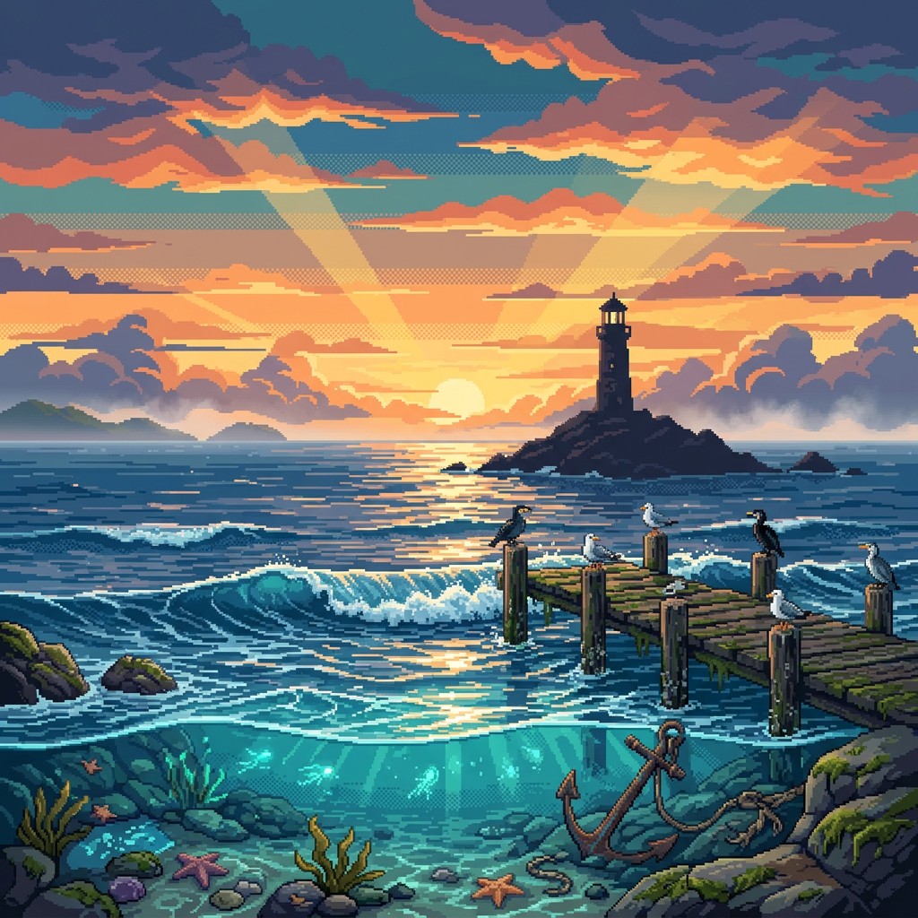 Free Pixel Ocean Sunset Image - Pixel, Ocean, Lighthouse | Download at ...