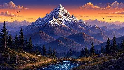 A pixel art mountain with a snowy peak rises over dark pine trees, a ...