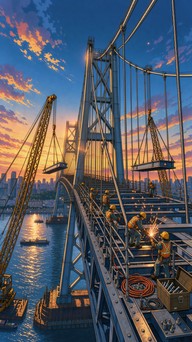 Bringe Image Anime-style illustration of workers in hard hats welding on a giant ...