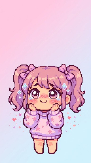 Adorable chibi pixel art character with sparkling eyes and pastel pink ...