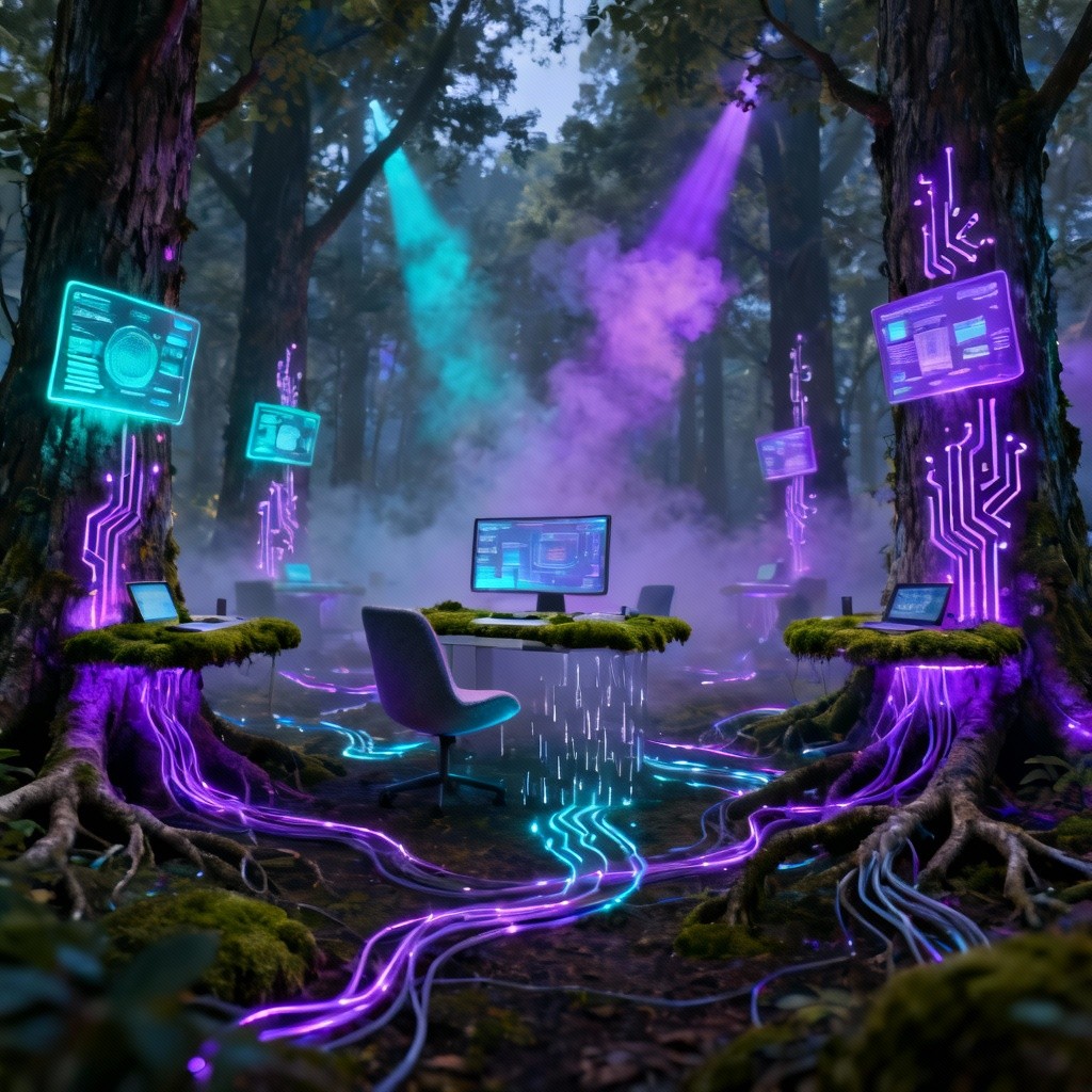 Forest Computer Tech Room Free Digital Forest Workspace Image - Cyberpunk, Forest, Workspace ...