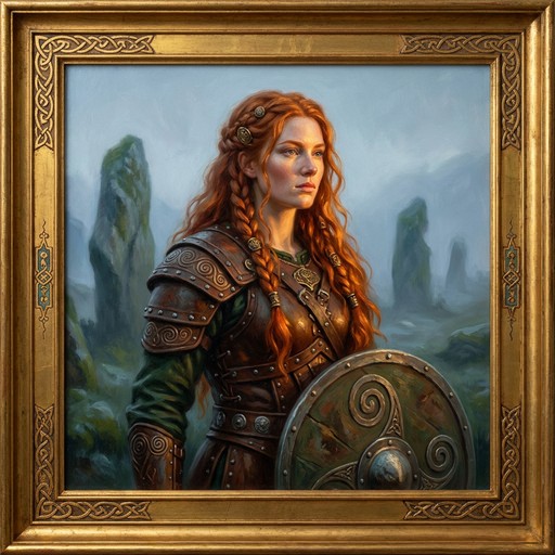 Fine Rivet Tool A powerful red-haired woman warrior stands tall in traditional Celtic ...