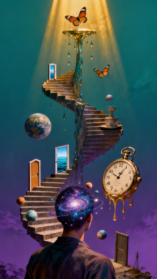 A surreal dreamscape features a cosmic-headed figure ascending a ...