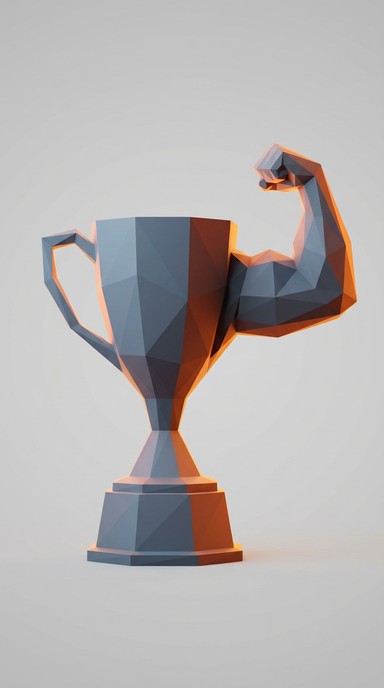 Geometric 3D illustration blending flexed bicep muscle with trophy ...