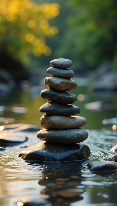 Smooth river stones perfectly stacked during golden hour, creating a ...