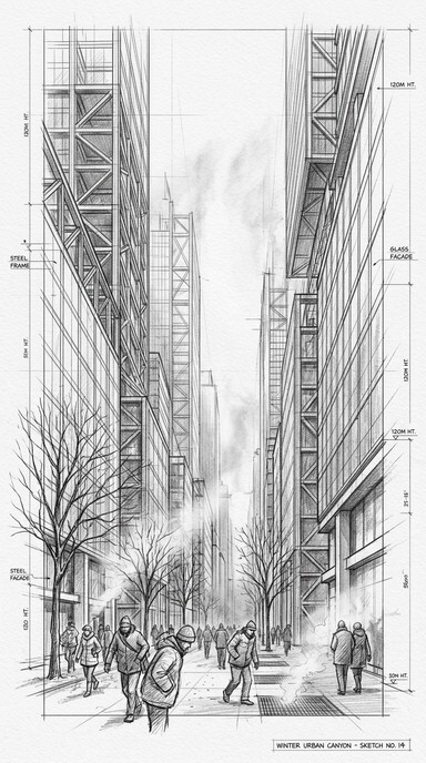 Drawoing Buildings Dramatic graphite architectural sketch depicting towering modernist ...
