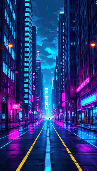 Vertical pixel art cityscape features glowing blue windows, yellow ...