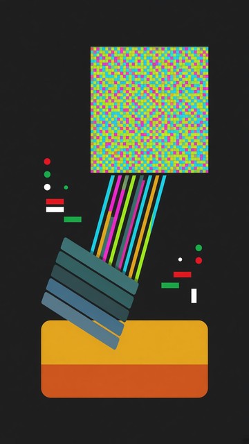 Colorful pixel square beams thin bright lines down onto slanted teal ...