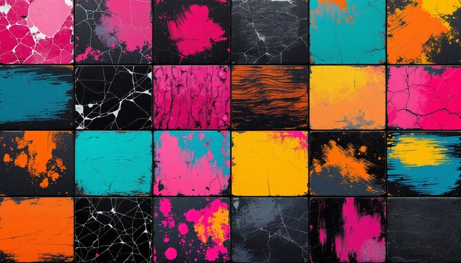 Bold screen-print inspired pop art grid celebrating material textures ...