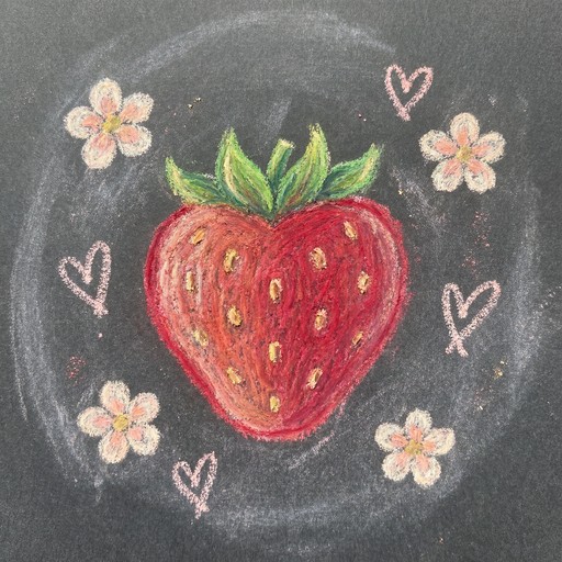 A plump red strawberry with tiny yellow seeds and green leaves, drawn ...
