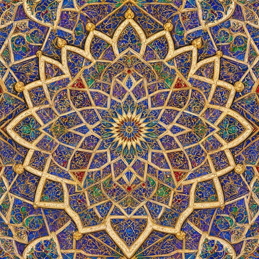A blue and gold Islamic geometric pattern with a glowing center star ...