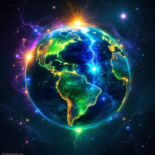 Free Glowing Digital Earth With Cosmic Swirl Of Particle Flow Stock AI ...