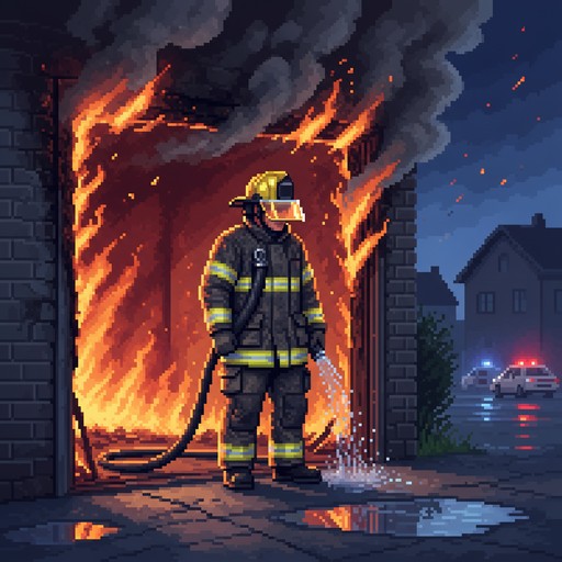 A firefighter in a dark turnout coat with bright yellow reflective ...