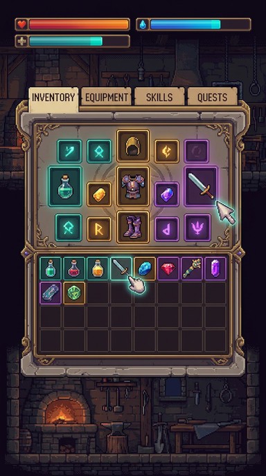 Hi-bit pixel art fantasy game inventory menu with glowing teal rune ...