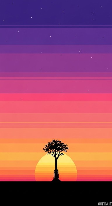 Dramatic pixel art sunset featuring gradient purple and orange sky with ...