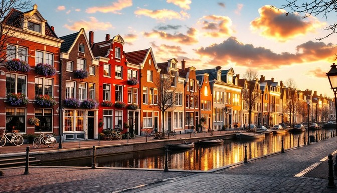 Image of a picturesque Amsterdam canal with gabled houses.