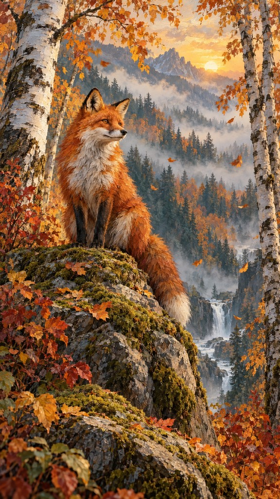Red Glowing Rocks A majestic red fox sits on a mossy rock in a misty autumn forest ...