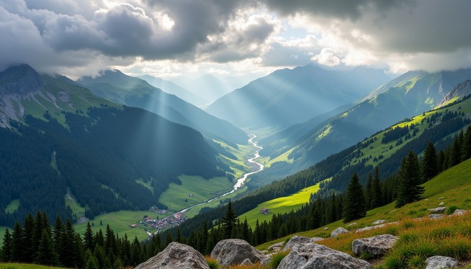 Download Majestic Mountain Valley Image - Mountains, Valley, Sunbeams ...
