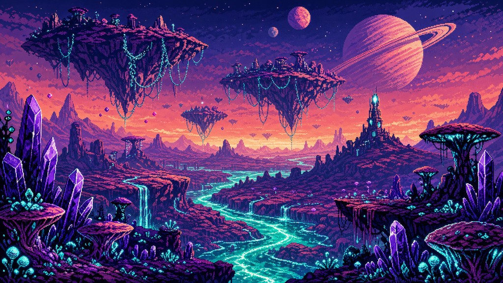 Pixel art alien world at twilight with floating islands, glowing purple ...