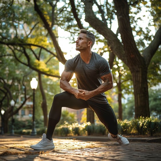 Golden Radiating Sun A fit man performs a stretching exercise in a sunlit park, radiating ...
