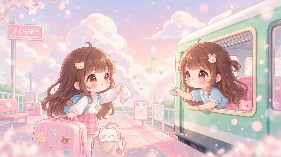 This kawaii anime illustration shows two chibi girls saying goodbye at ...