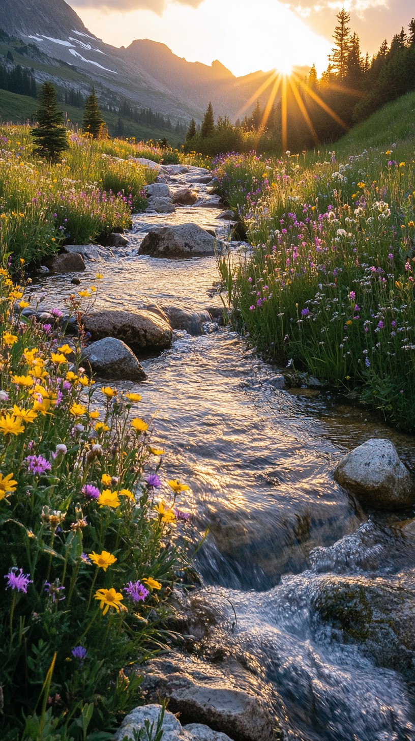 Stream Sunset Free Sunset Mountain Stream Image - Stream, Sunset, Wildflowers ...