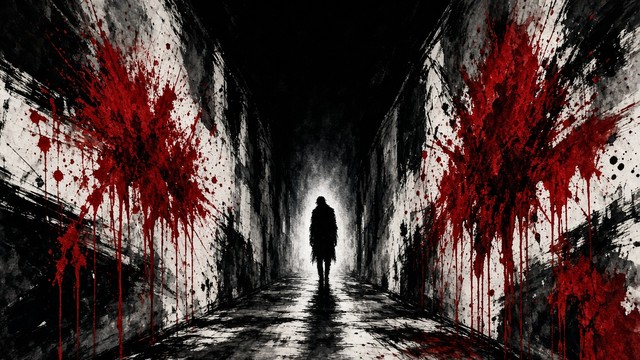 A single dark figure stands at the end of a long, narrow hallway in ...