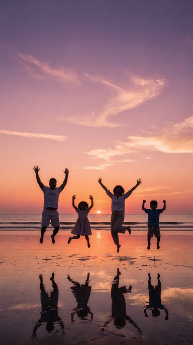 A man, a woman, and two children jump high above a wide, empty beach as ...