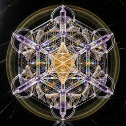 A glowing 3D illustration of Metatron's Cube made from purple amethyst ...
