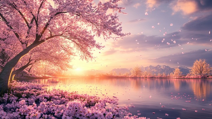 Free Sunrise Cherry Blossoms Image - Sunrise, Blossoms, Lake | Download ...