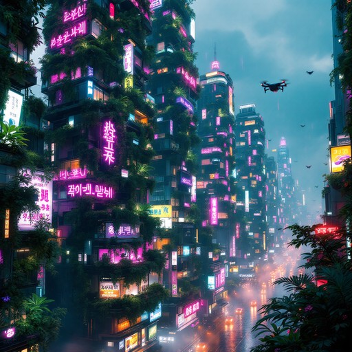 A breathtaking futuristic megacity rises into misty night skies, where ...