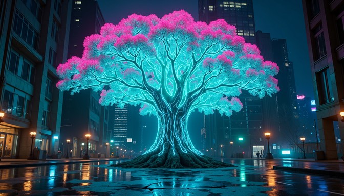 Free Neon Nature Fusion Image - Bioluminescent, Cyberpunk, Tree ...