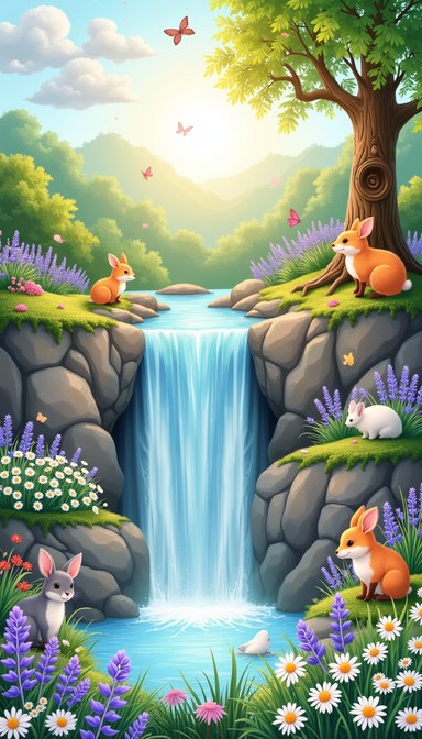 Scenery Waterfall With Rabbit Free Enchanted Forest Waterfall Image - Waterfall, Illustration ...