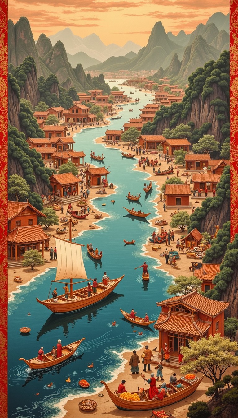 Free Ancient River Village Image - Riverside, Boats, Mountains ...