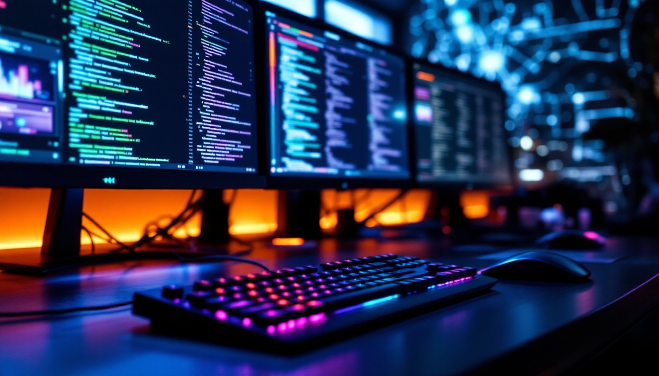 Free Cyberpunk Coding Station Image - Monitors, Keyboard, Battlestation ...