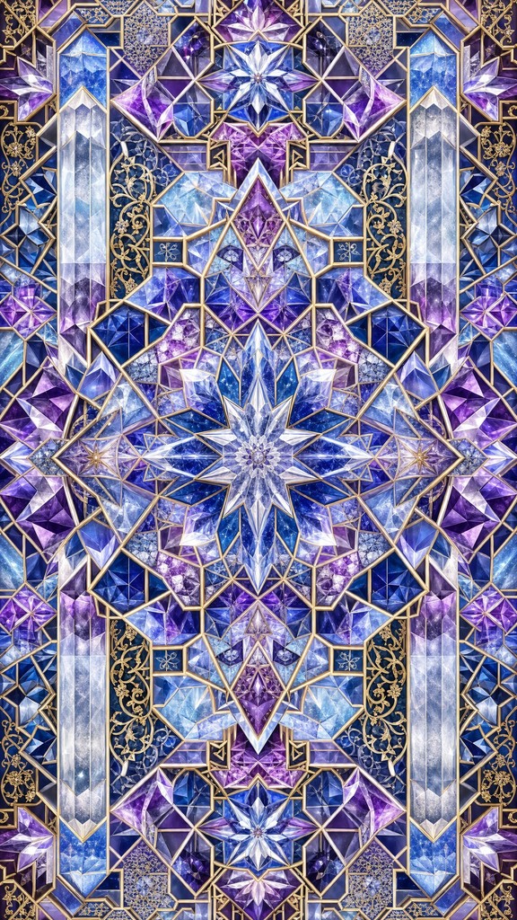 Faceted jewel-toned crystals form elaborate symmetrical star patterns ...