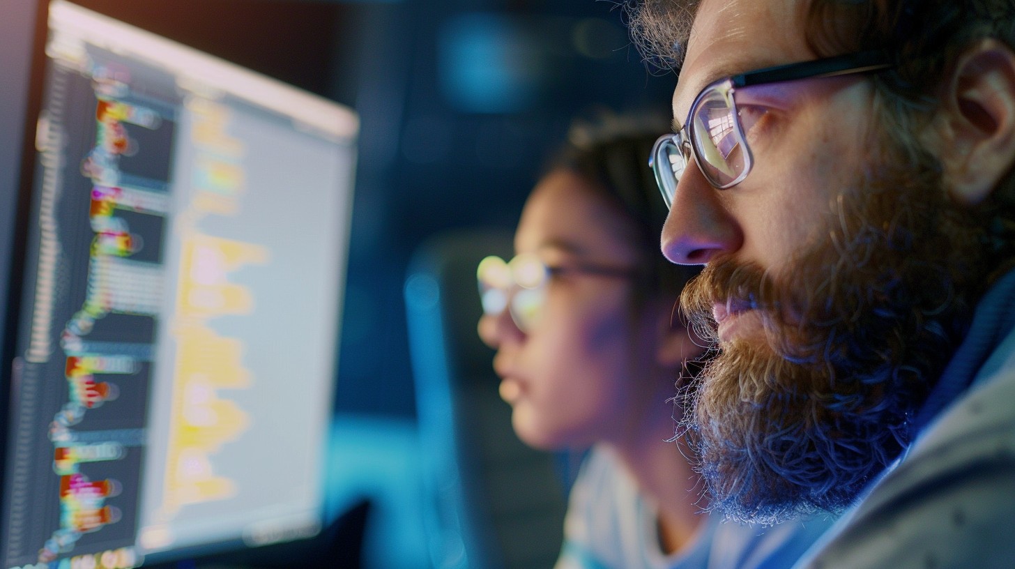 Focused tech team collaborating on code in modern office