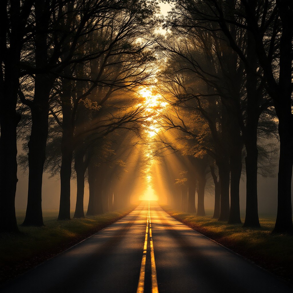Free Misty Morning Road Image - Road, Forest, Sunbeams | Download at ...