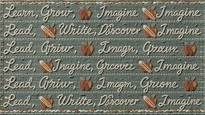 Chalk Line Color:red Cream cursive words like Learn, Grow, Imagine and Discover are stitched ...