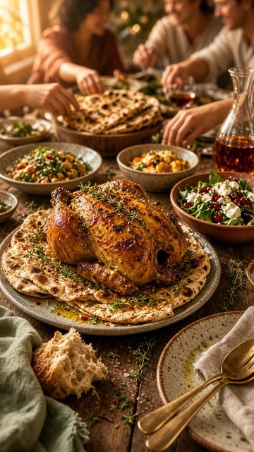 A big, golden roasted chicken sits on a pile of charred flatbreads at ...