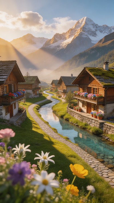 Free Alpine Village Sunrise Image - Alpine, Mountains, Village ...