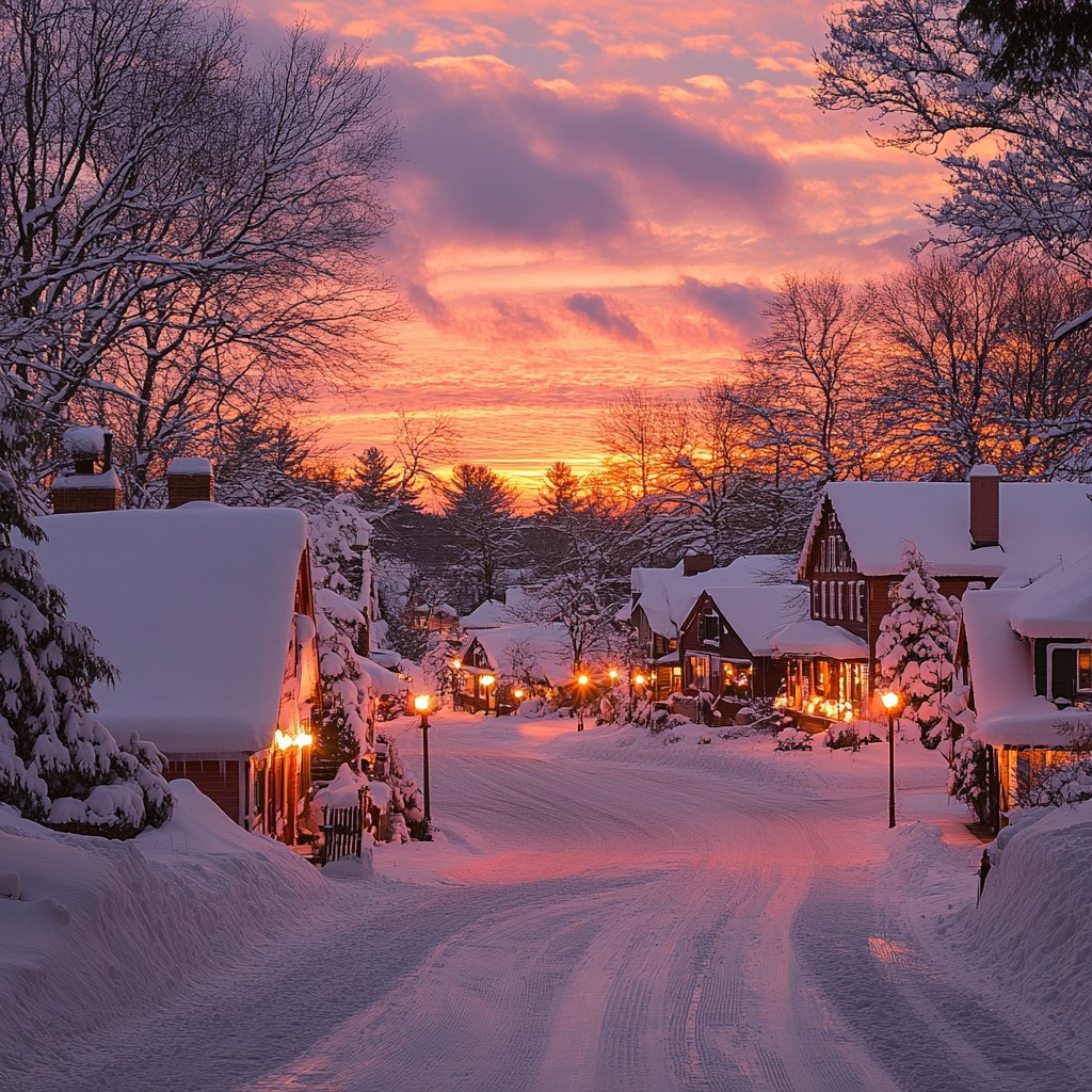 Free Snowy sunset street Image - Snow, Sunset, Village | Download at ...