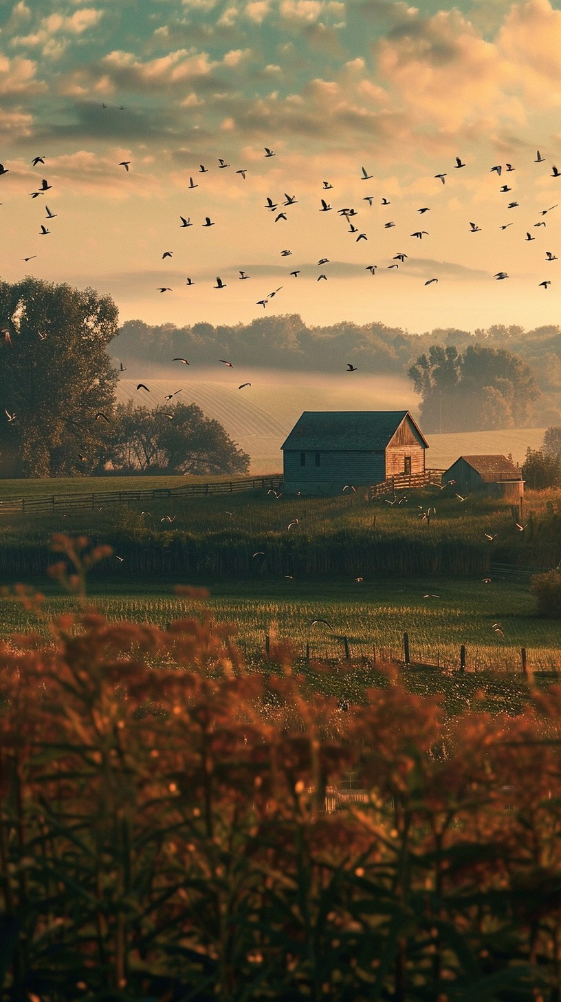 Free Rustic Morning Flight Image - Sunrise, Farmhouse, Birds | Download ...