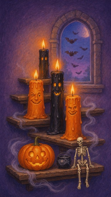 This painterly Halloween illustration shows four tall candles with ...