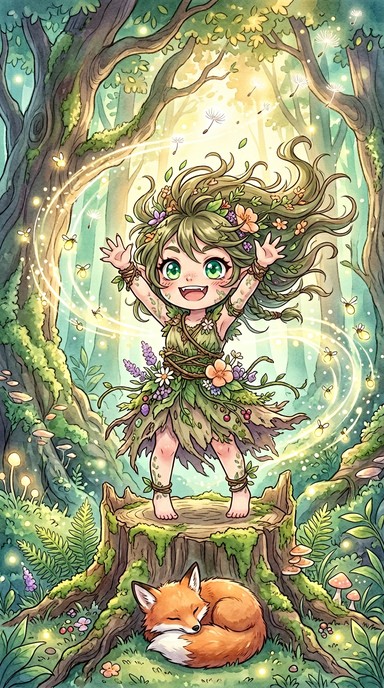 Adorable chibi forest spirit girl with flowing wild hair stands ...