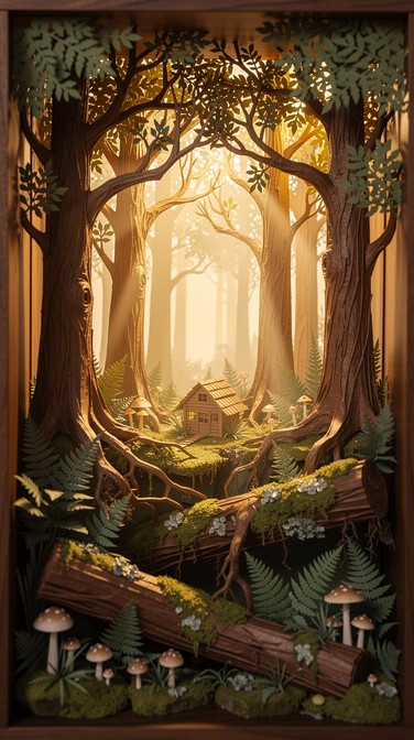 Handcrafted paper shadow box featuring towering forest trees, delicate ...