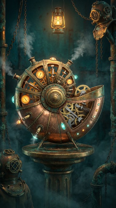 Natulilus Shell A detailed steampunk nautilus shell features intricate brass gears and ...